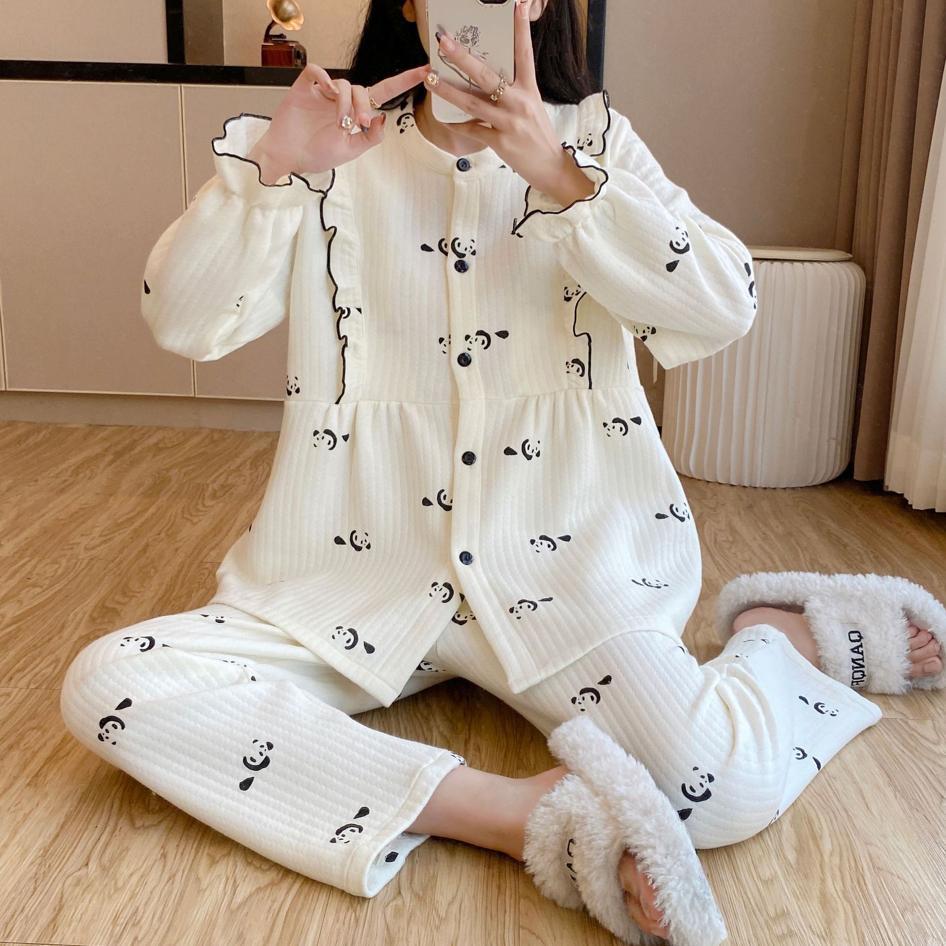 Autumn and Winter All Cotton Warm Long-sleeved Sweet Casual Sleeping Dress Three-layer Air Cotton Sandwich Pregnant Women's Home Luna Dress