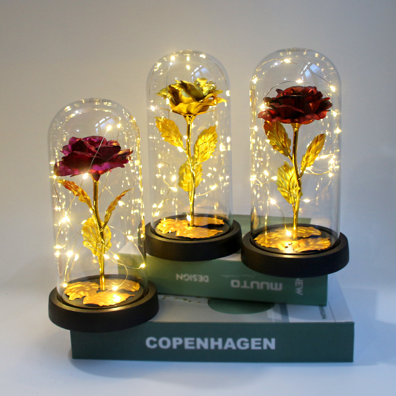 Valentine's Day Creative Gift Artificial Rose Gold Foil Flower Night Light Source Factory Ornaments for Girlfriend's Birthday and Chinese Valentine's Day