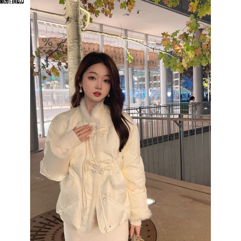 Новая белая короткая куртка из пуха для женщин, из белого утиного пуха, новый китайский стиль, зимняя куртка с вставками из норки, национальный стиль, куртка с дисковыми пуговицами, спандекс