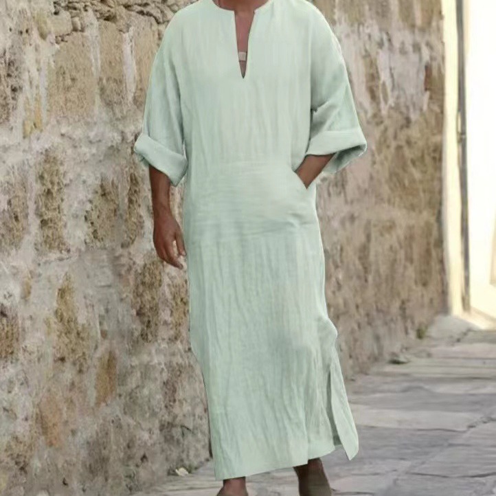 Новая мужская длинная футболка из хлопка и льна на Ближнем Востоке, длинные рукава, в наличии