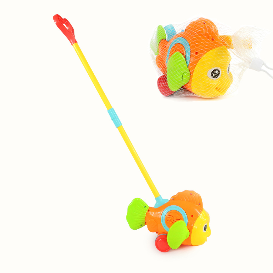 Толстая рыба, детская игрушка для толкания самолета, пластиковая игрушка, толкатель с одним колесом и колокольчиком