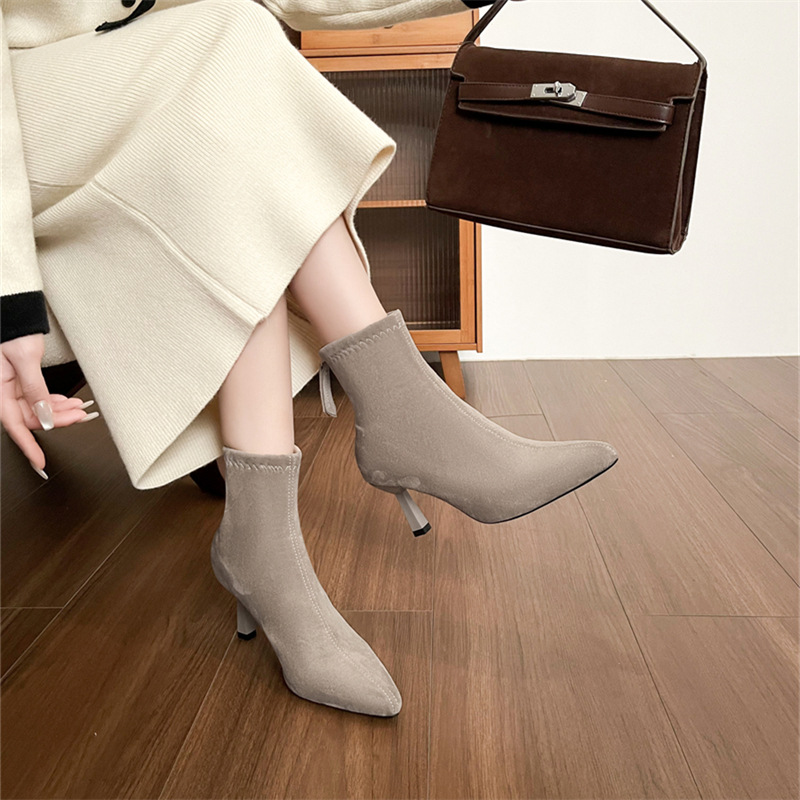 Популярные замшевые ботинки на каблуке 5.5 см с острым носком для женщин, комфортные короткие ботинки
