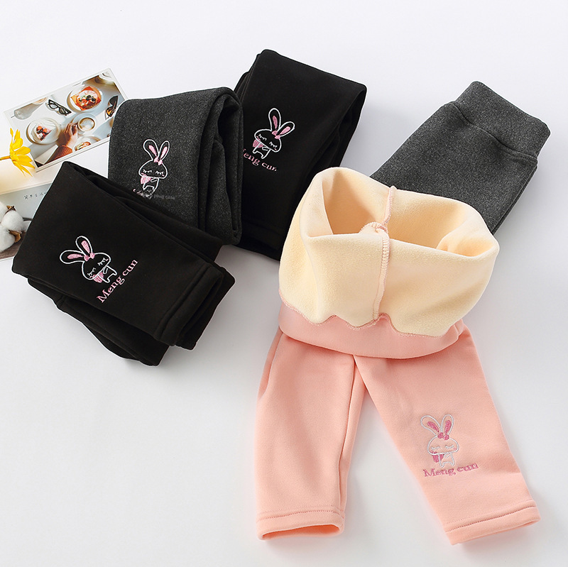 2023 Children's Autumn and Winter Velvet Thickened Leggings Girls' Embroidered Warm Trousers Cartoon Printed Pajamas for Children