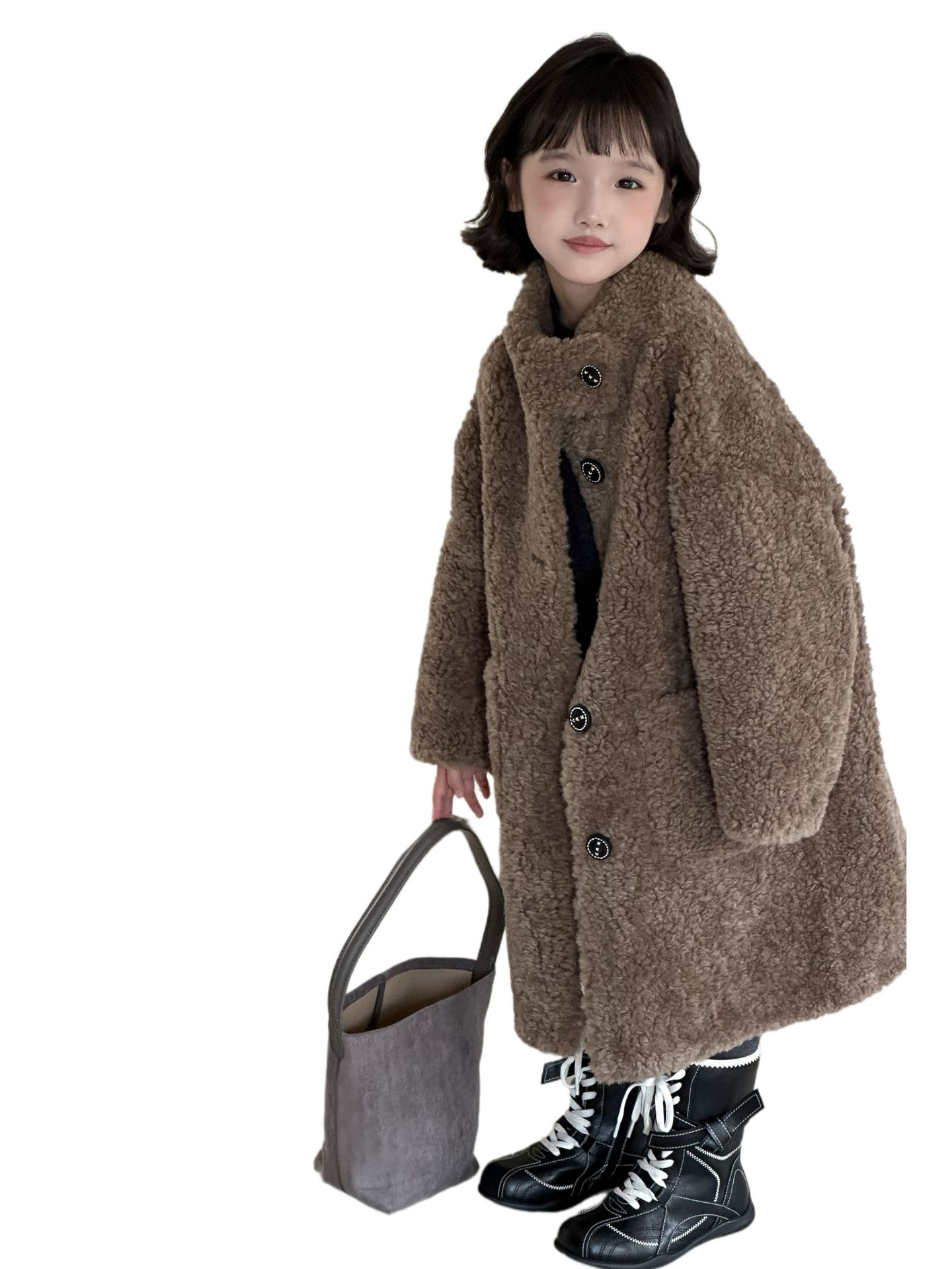 Korean Style Autumn and Winter New Kidsren's Fur Outwear Imitation Wool Fur All-In-One Outwear Mid-Length Medium and Large Kidsren's Thick Stand Collar
