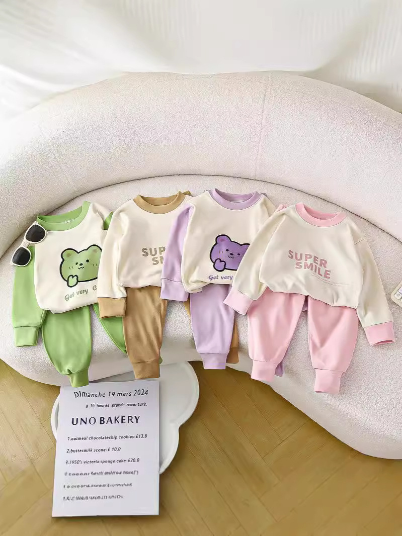 Children's Fall/Winter Double-Sided Velvet Suit for Boys and Girls Autumn Clothes Autumn Trousers Baby Home Clothes Underwear suit Base Pajamas