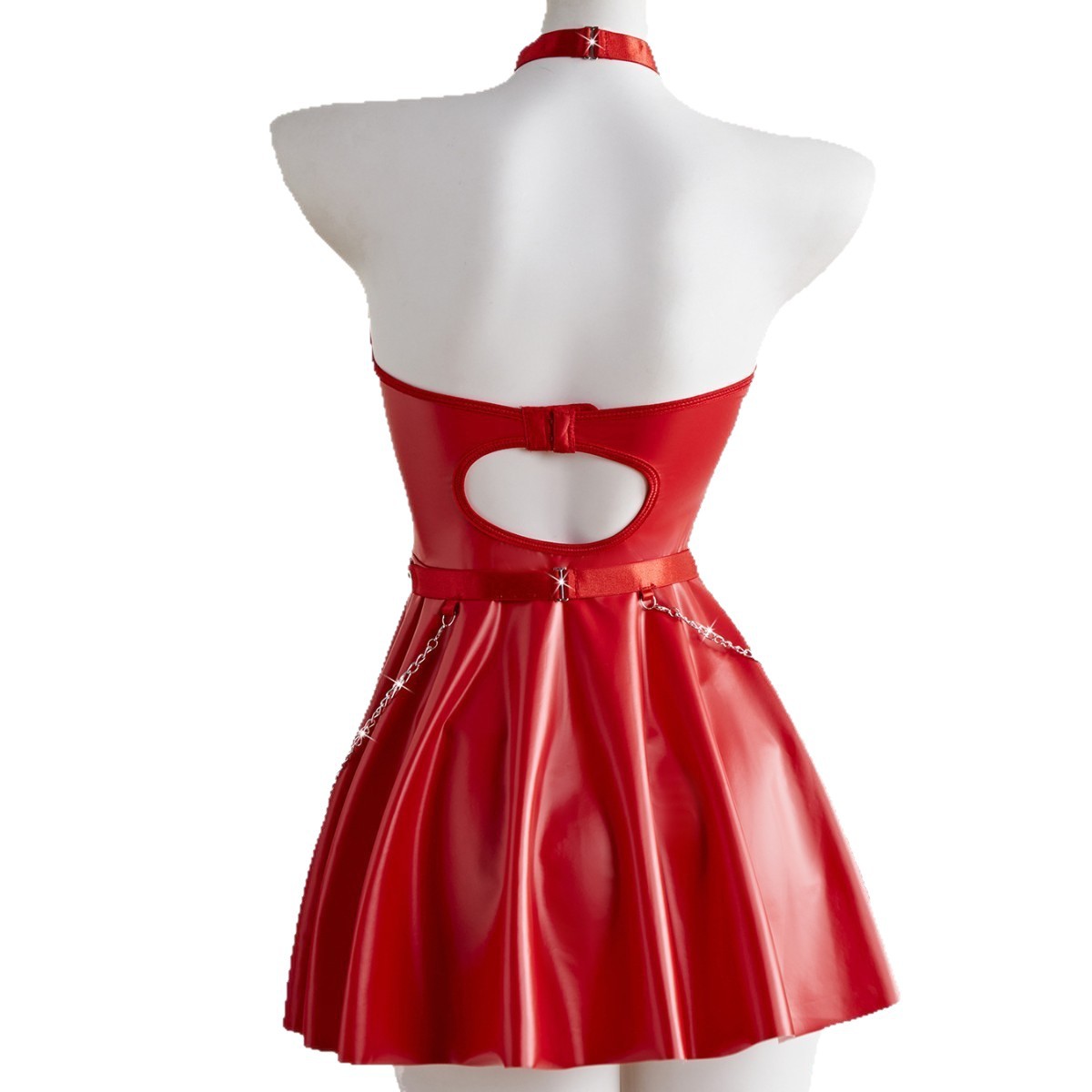 Cross-Border New Sexy Lingerie Set, Pu Leather Nightclub Sexy Backless Short Dress, Halter Neck Nightdress, Uniform Temptation