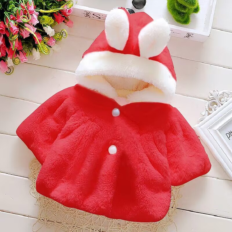 Girls' fur cloak rabbit ears hooded coat winter cute furry ball coat