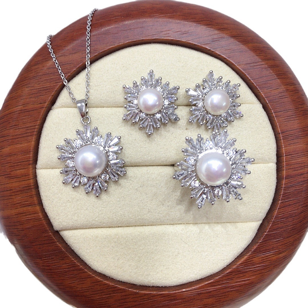 5A high brightness natural freshwater pearl pendant earring ring high sense zircon snowflake pearl suit wholesale