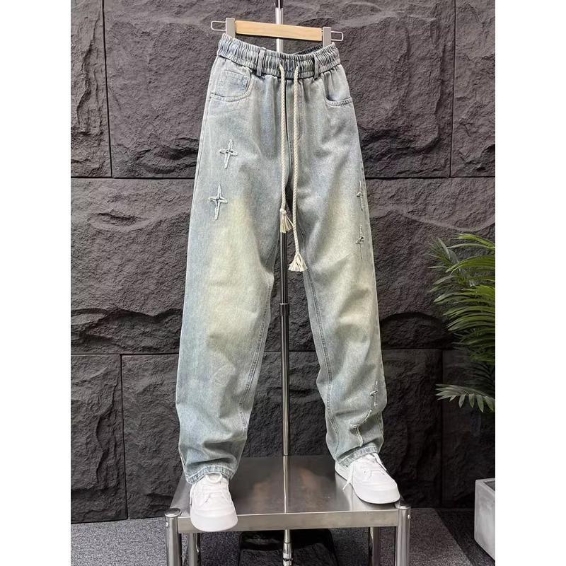 American Retro Washed Embroidered Jeans Men's Trendy High Street Loose Straight Wide-Leg Pants Men's Floor-Length Trousers