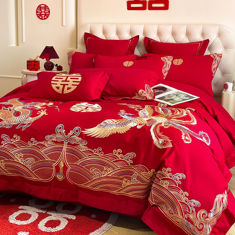 High-end red wedding four-piece set dragon and phoenix double happiness embroidered quilt cover bed sheet New House wedding wedding bedding
