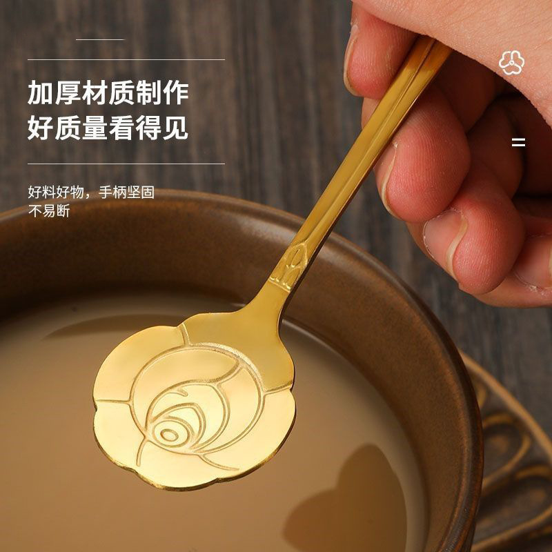 Bird's Nest Stainless Steel Long Handle Cherry Blossom Spoon Golden Rose Flower Spoon Takeaway Spoon Disposable Dessert Spoon with Packaging