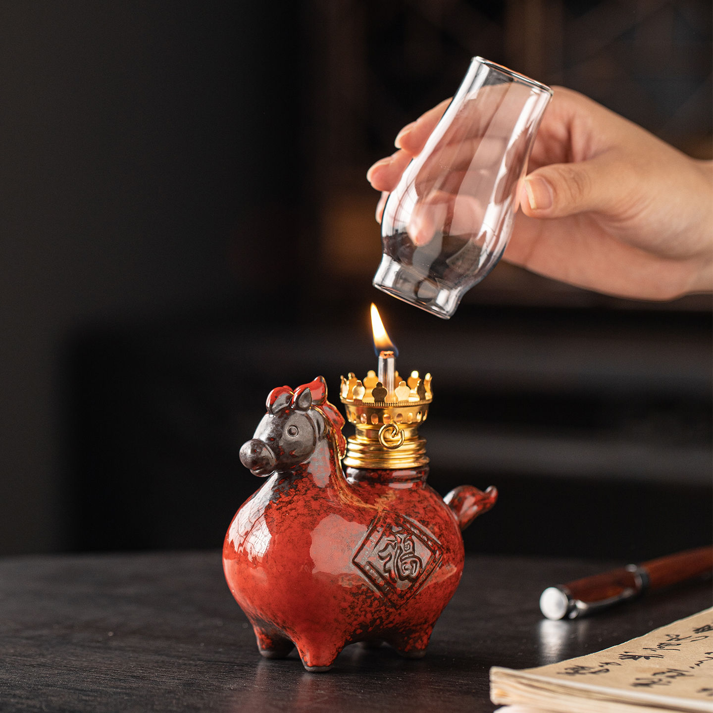 Chinese-Style Ceramic Tang Horse Butter Lamp Lamp Ornaments Everlasting Lamp Zen Tea Room Courtyard Atmosphere Lamp High-End Kerosene Lamp
