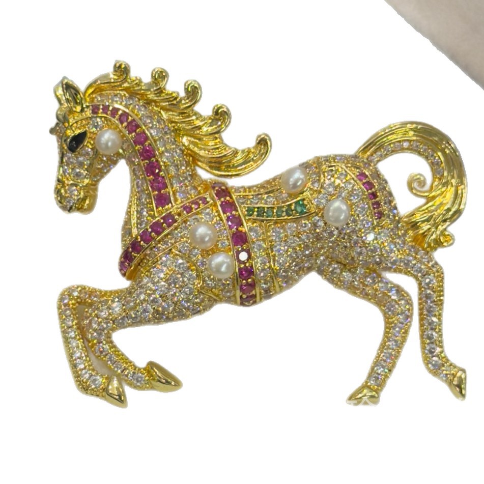 Finished Product 3-4mm Natural Pearl Zodiac Horse Brooch Niche Design Sense of Design High-End Brooch for Men and Women in Their Zodiac Year