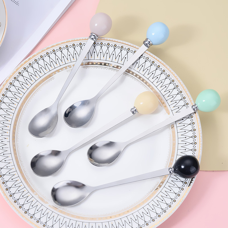 Macaron Color Spoon Creative Ball Stainless Steel Fruit Fork Color Glaze Stainless Steel Imitation Ceramic Handle Spoon Ins
