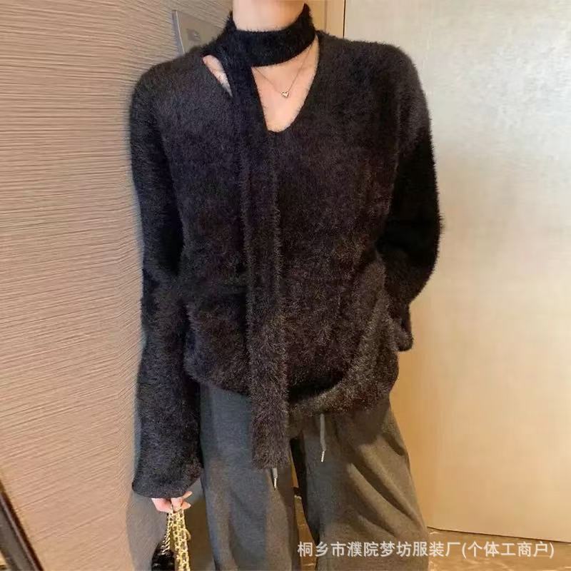 2025 Cross-Border Winter New Soft Faux Mink Sweater for Women, Korean Style Loose Lazy Style V-Neck Knitwear