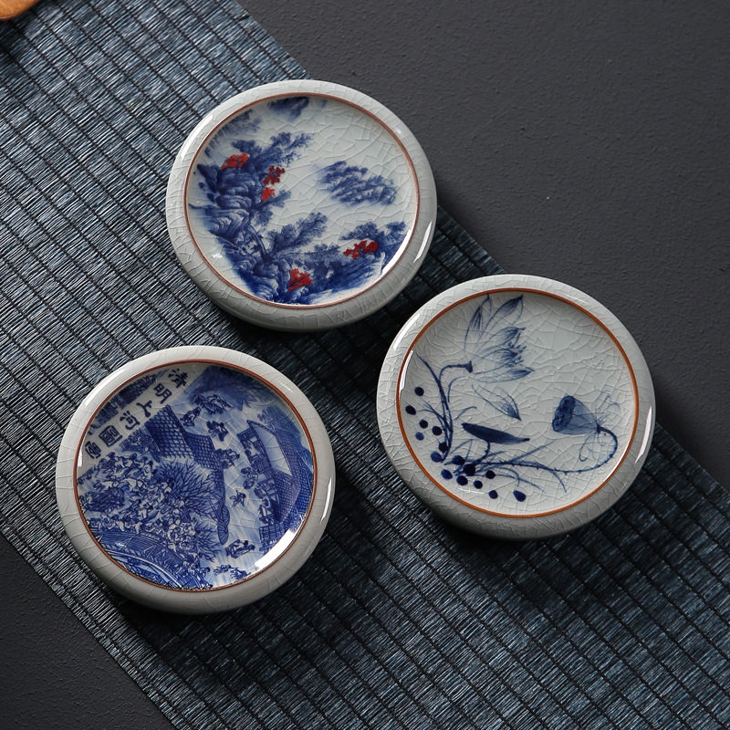 Old Pottery Mud Tea Cup Holder Heat Insulation Mat Old Pottery Mud Cover Set Hand-painted Blue and Flower Cup Mat Ceramic Landscape Tea Play Small Ornaments