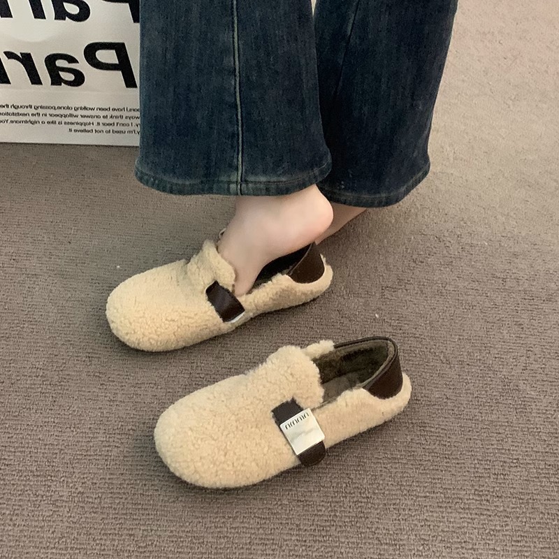 Furry Shoes for Women, New Autumn and Winter Style, Dual-Wear, Fleece-Lined Loafers, Mary Jane Shoes, Soft and Fluffy Cotton Shoes