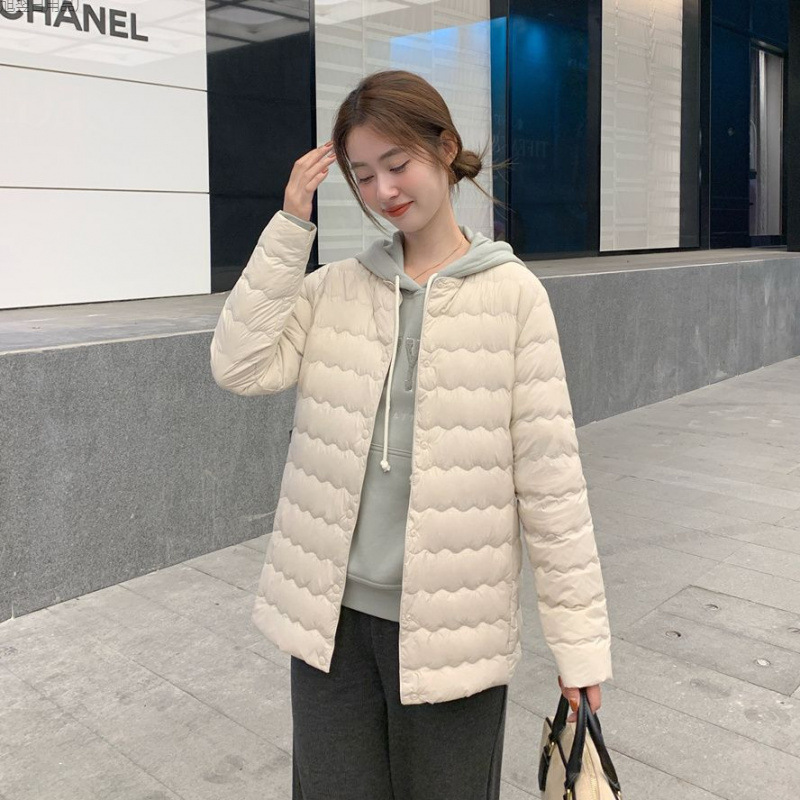 Куртка из пуха, женская, средней длины, без воротника, осень-зима, новый стиль, легкая, с утеплителем из белого утиного пуха, модная, легкая, круглый вырез, теплая куртка