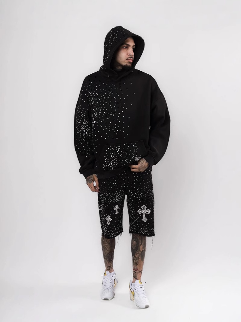 European and American Cross-Border High Street Full of Diamonds 2025 New Hip-Hop Cross Straight Hot Diamond Denim Shorts Five-Point Jeans