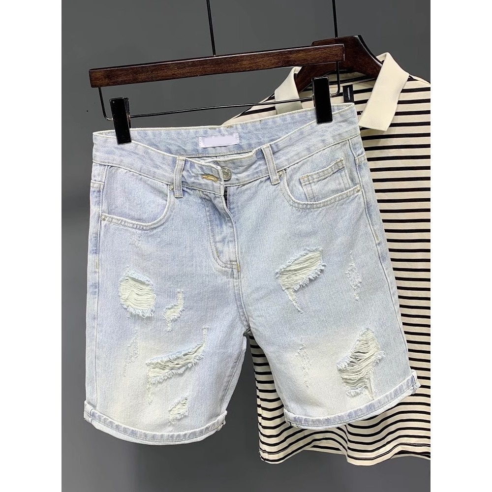 American Retro Denim Shorts Men's Summer Ripped Loose Trendy Brand Classy Light-Colored Large Size Outer Wear Mid-Length Pants