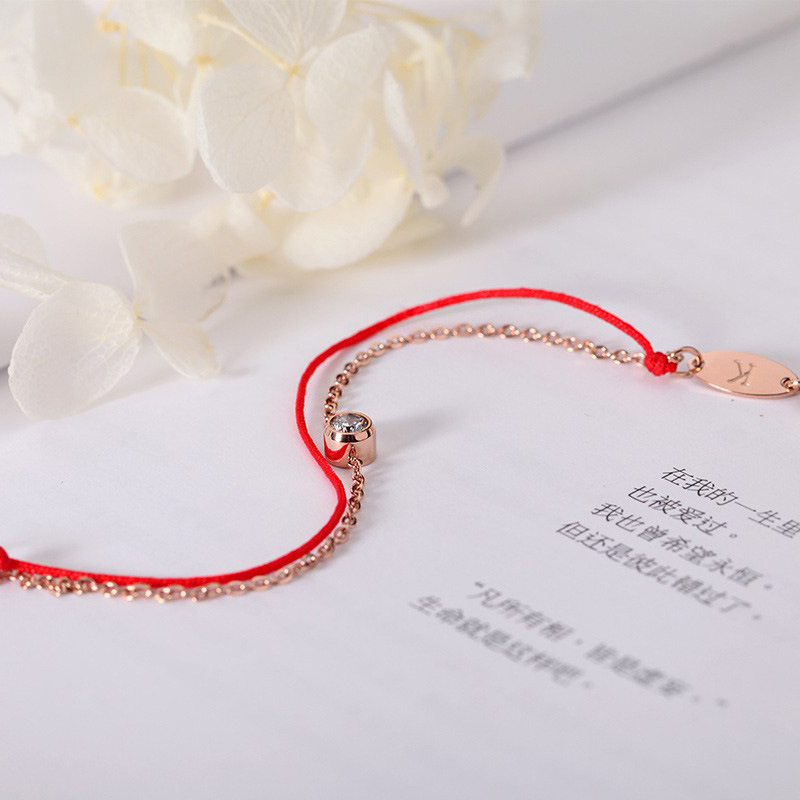 Hot Rose Gold Diamond Single Diamond Double Layer Red Rope Bracelet for Women in the Year of the Monkey and the Year of the Monkey, Korean Style Titanium Steel Bracelet