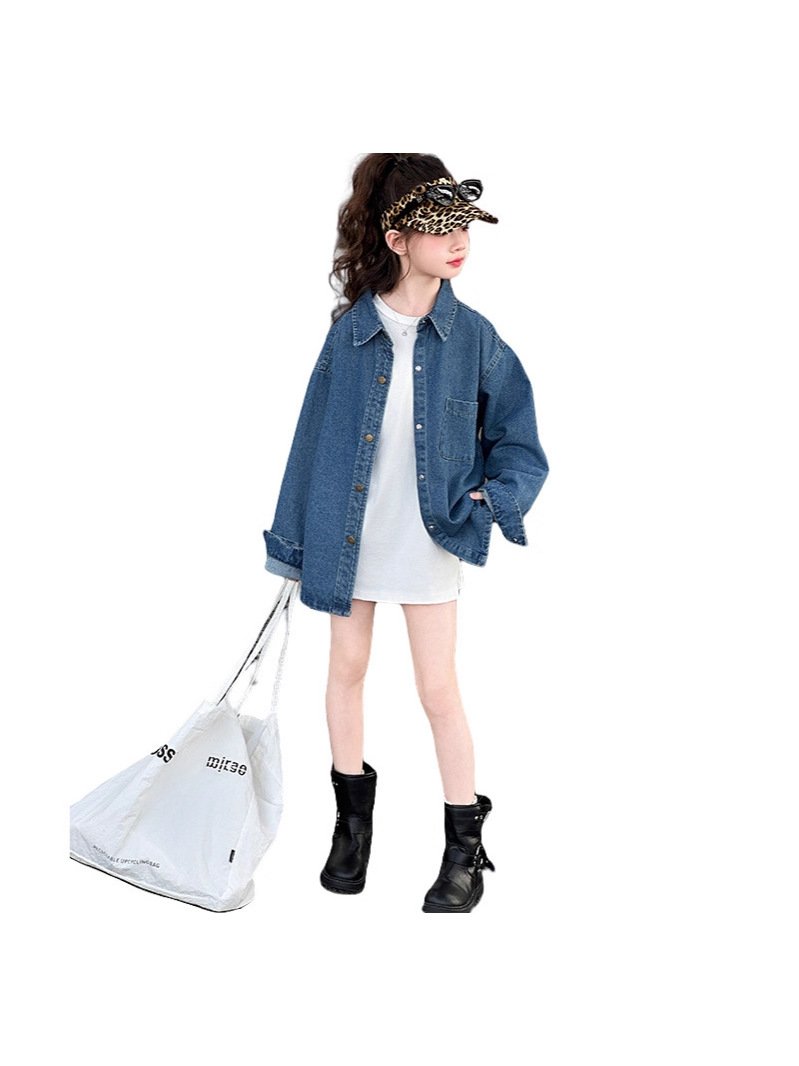Girls' Denim Shirt 2025 Autumn New Style for Older Girls, Children's Autumn White Crew Neck Base Shirt