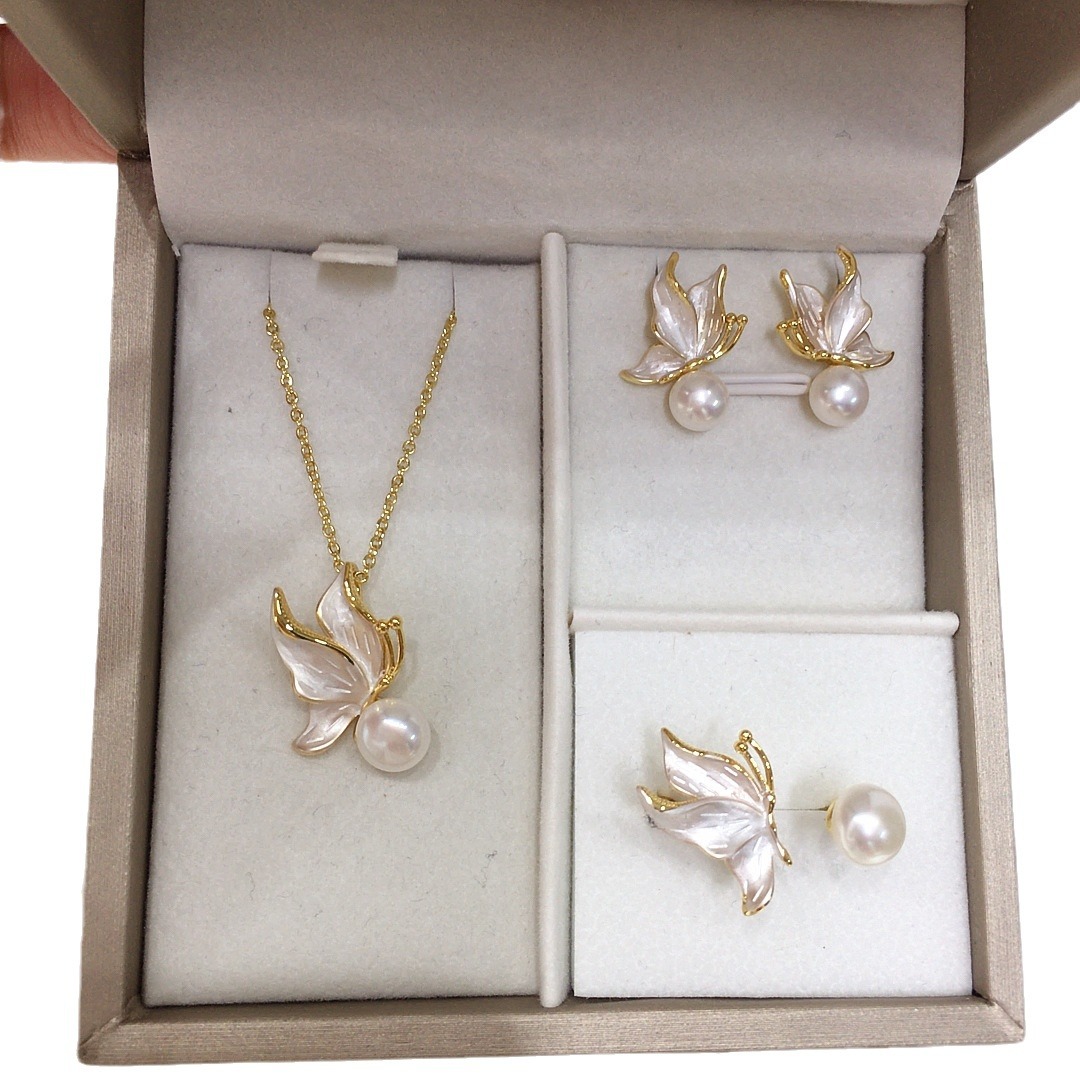 Zhuji Natural Freshwater Pearl suit Women's Frosted Butterfly Pearl Earrings 18K Gold Color Preservation Jewelry Wholesale