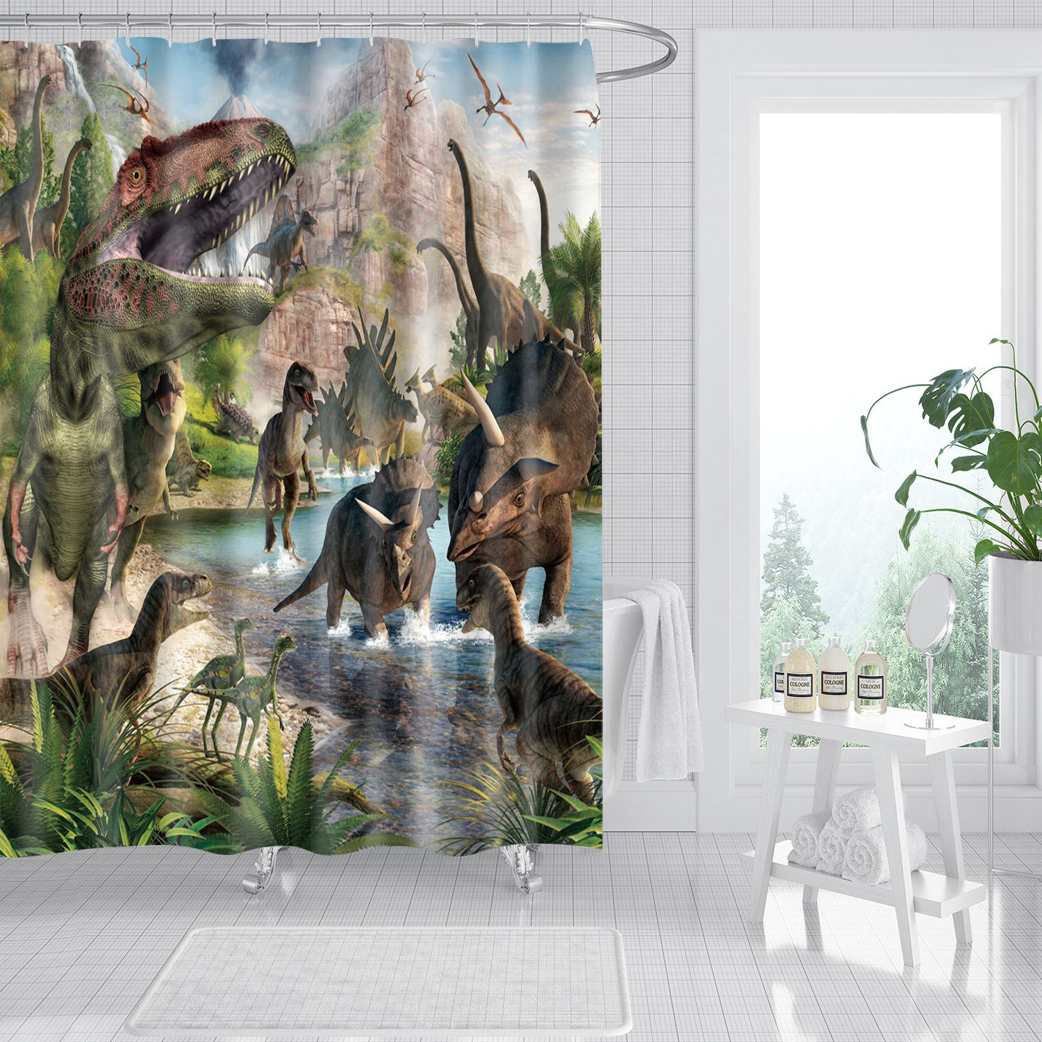 Factory spot Amazon cross-border shower curtain polyester printed fabric partition curtain dry and wet separation waterproof mildew-proof Bath Curtain