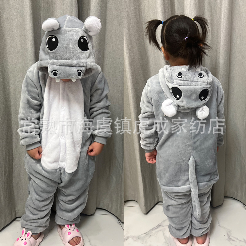 2024 New Winter Flannel Cartoon Anime Chai Dog Grey Hippo Bulldog Children Adult Animal One-piece Pajamas