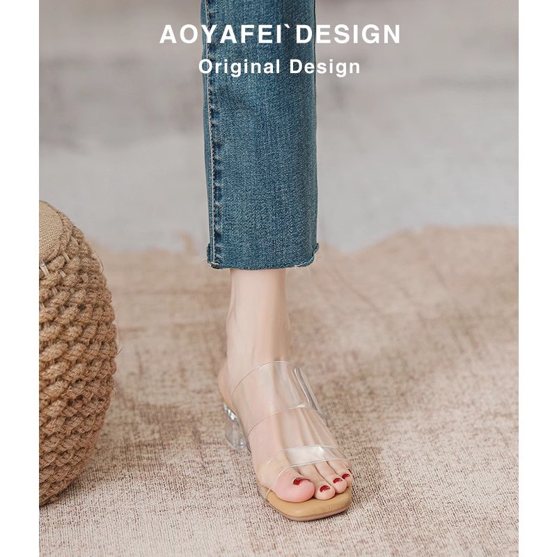 Sheepskin version ~ stepped on excrement transparent crystal high heel sandals 2025 summer new transparent with square head high heels