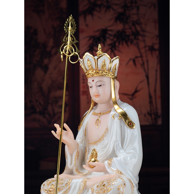 White marble stone carving inlaid with gold Ksizang King Guanyin Bodhisattva Sakyamuni Sakyamuni Sakha Three Holy Buddha ornaments home