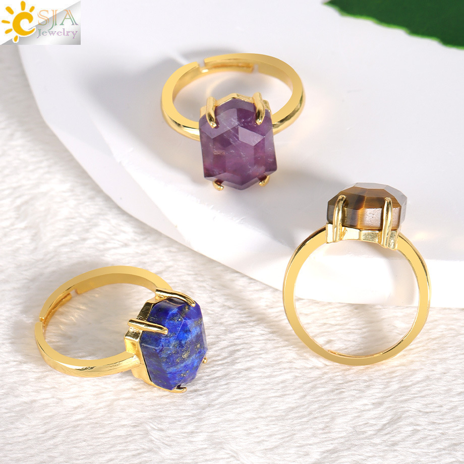 European and American fashion ins style cut face hexagonal natural amethyst obsidian crystal ring open ring wholesale