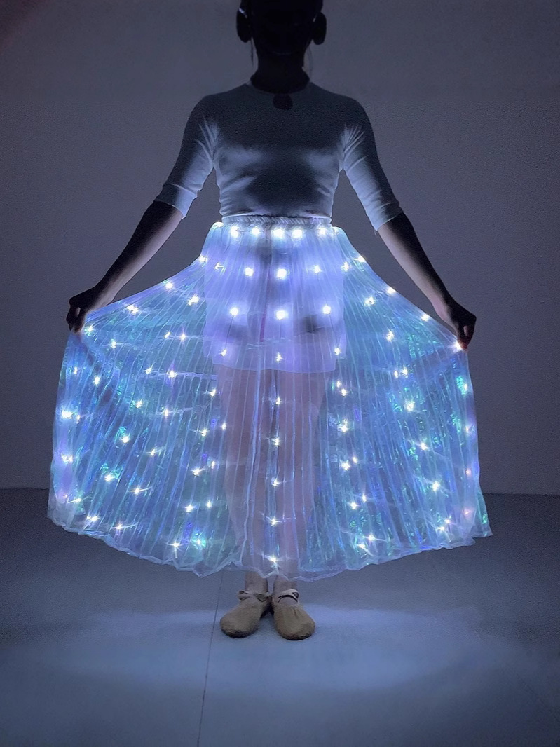 Led Luminous Skirt White Rechargeable Pleated Large Swing Stage Costume Props Belly Dance Performance Costumes European and American Style