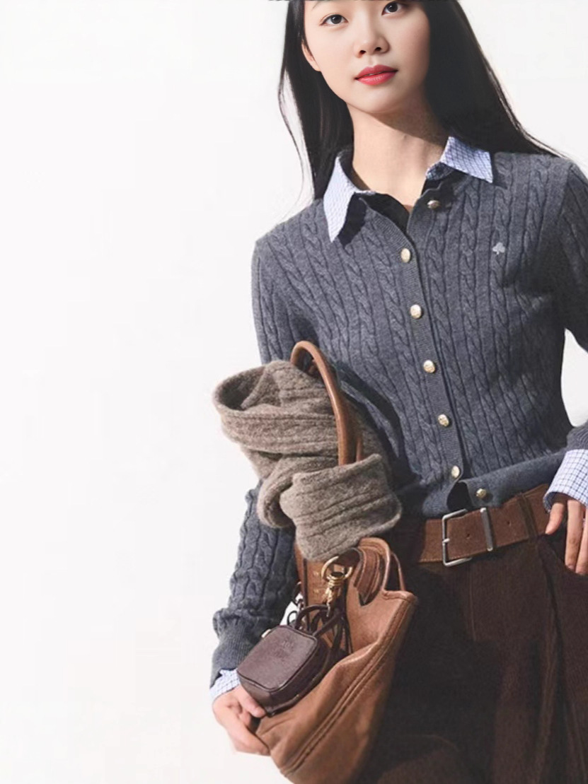 成长过程"经典老钱学院毛针织衫多色圆领简约百搭开衫女外贸女装