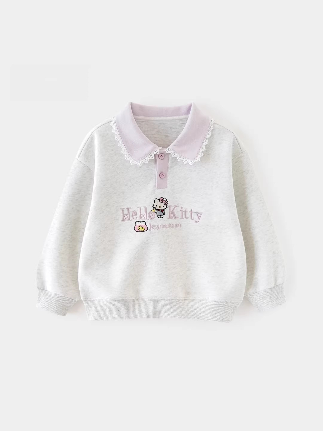 2025 New Autum Girls Polo Collar Sweatshirt Embroidered Kt Cat Lace Fashionable Family Top Long Sleeves