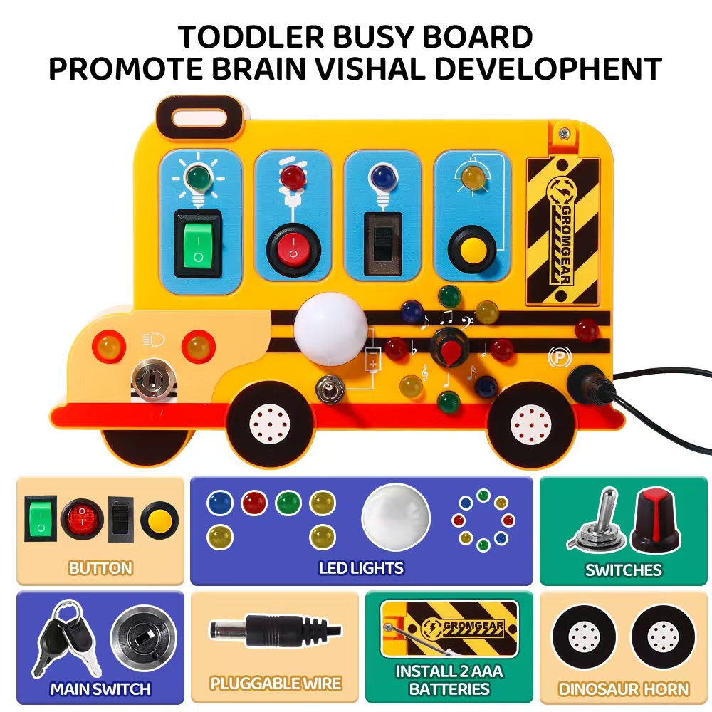 Cross-Border Children's Cartoon Bus Light and Sound Effects Switch Busy Board Educational Early Education Busy Board Children's Toys Wholesale