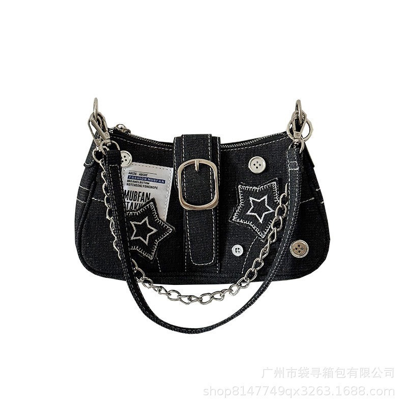 Y2K Millennium Star Denim Underarm Bag Button Decoration Fashion Trendy Niche Design Embroidered Canvas Tote Bag