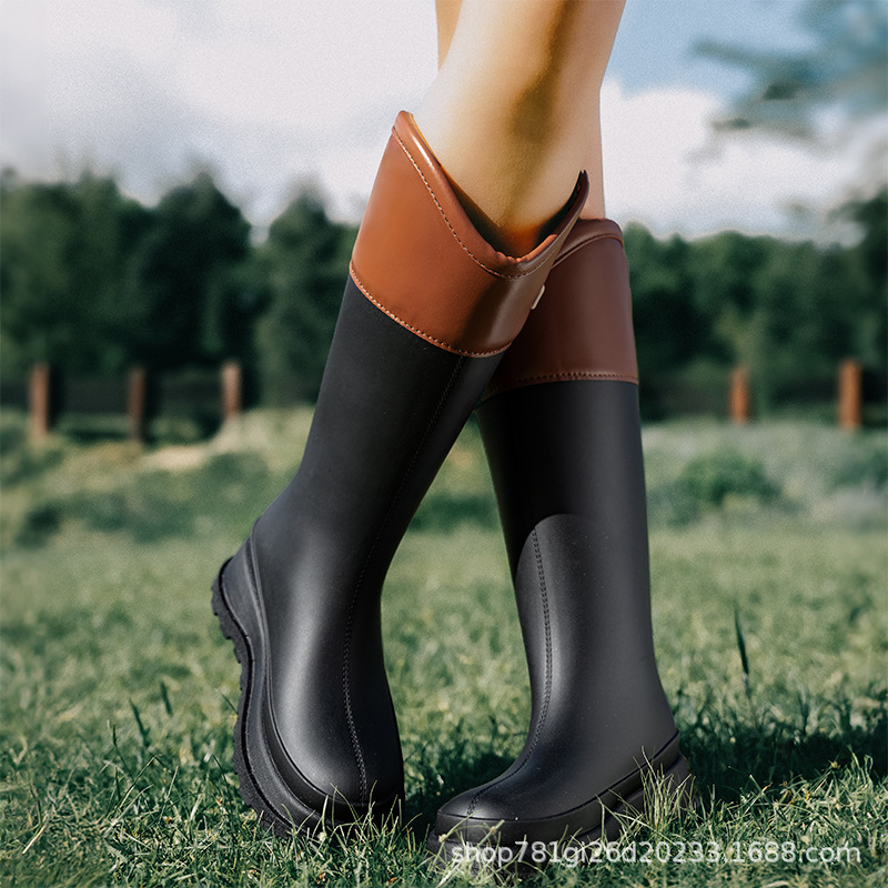 Cross-Border Fashion High-Top Rain Boots for Women, Japanese and Korean Style Outer Wear, Versatile Water Shoes, Non-Slip Kitchen Rubber Shoes, Waterproof Car Wash Shoes