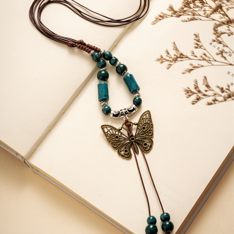 Jingdezhen Ceramic Jewelry Butterfly Wool Chain Long Necklace Clothes Pendant Long All-match Ethnic Women