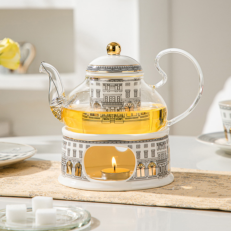 Ceramic Flower Teapot suit Candle Holder Heating Glass Boiling Teapot Fruit Pot Nordic Light Luxury Afternoon Flower Tea Set