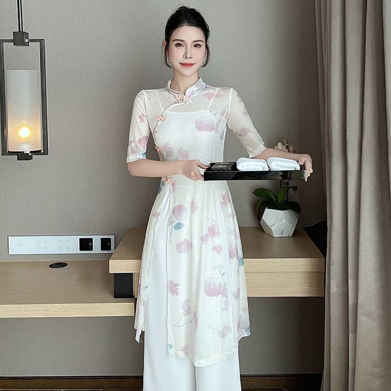 Fall/winter new modified slim cheongsam long new Chinese style dress pedicure technician overalls -1388#