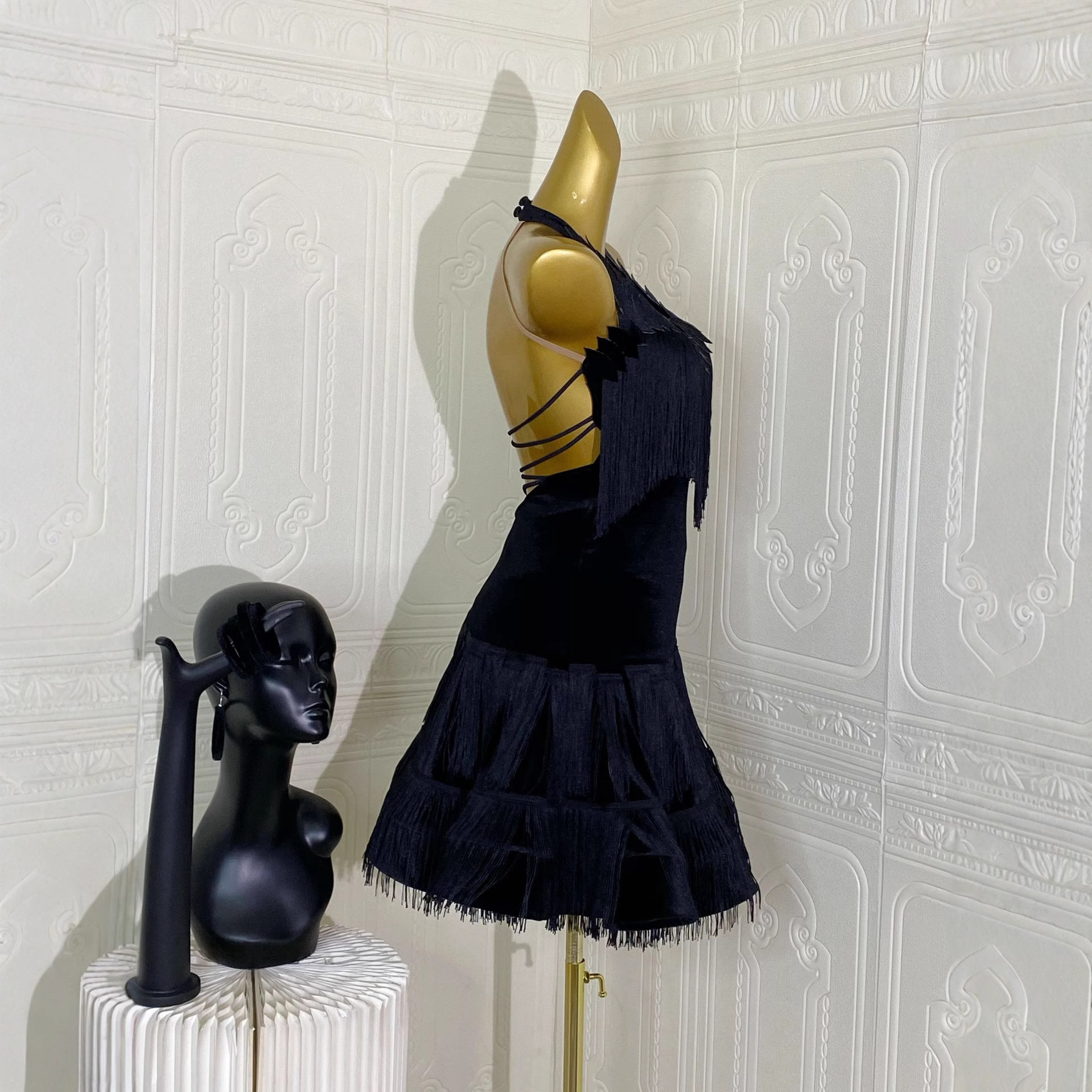 Cross-Border Amazon New European and American Sexy Tassel Splicing Backless Dance Skirt Deep V Neck Dress Latin Dance Clothing