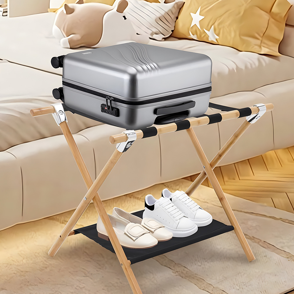 Foldable Bamboo Travel Luggage Rack, Portable Suitcase Storage Rack, Hotel and B&B Shoe Storage Rack Made of Bamboo