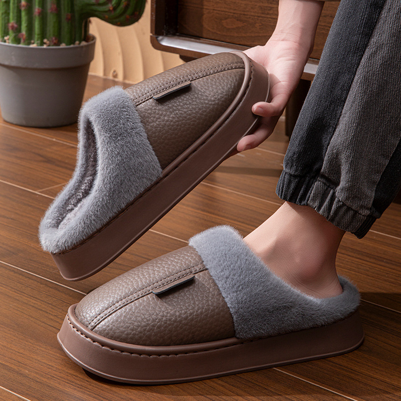 New winter extra-large cotton slippers men and women PU leather slippers waterproof thick-soled home indoor non-slip warm shoes 50