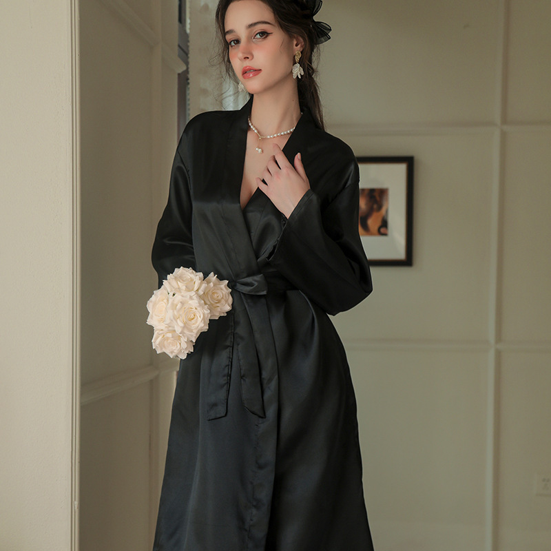 Cross-Border European and American Women's Imitation Silk Nightgown, Wedding Makeup Robe, Thin Cardigan Robe, Bride's Dressing Gown, Bestie Robe