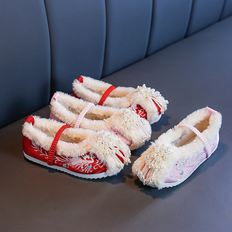 Hanfu shoes winter fleece-lined girls' boots new with horse-faced skirt children's shoes ancient costume national style cotton shoes children's embroidered shoes