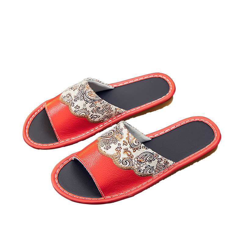 Embroidered Cowhide Slippers Retro Style Cowhide for Men and Women Home Room Spring and Summer Non-Slip Soft Bottom Leather Slippers