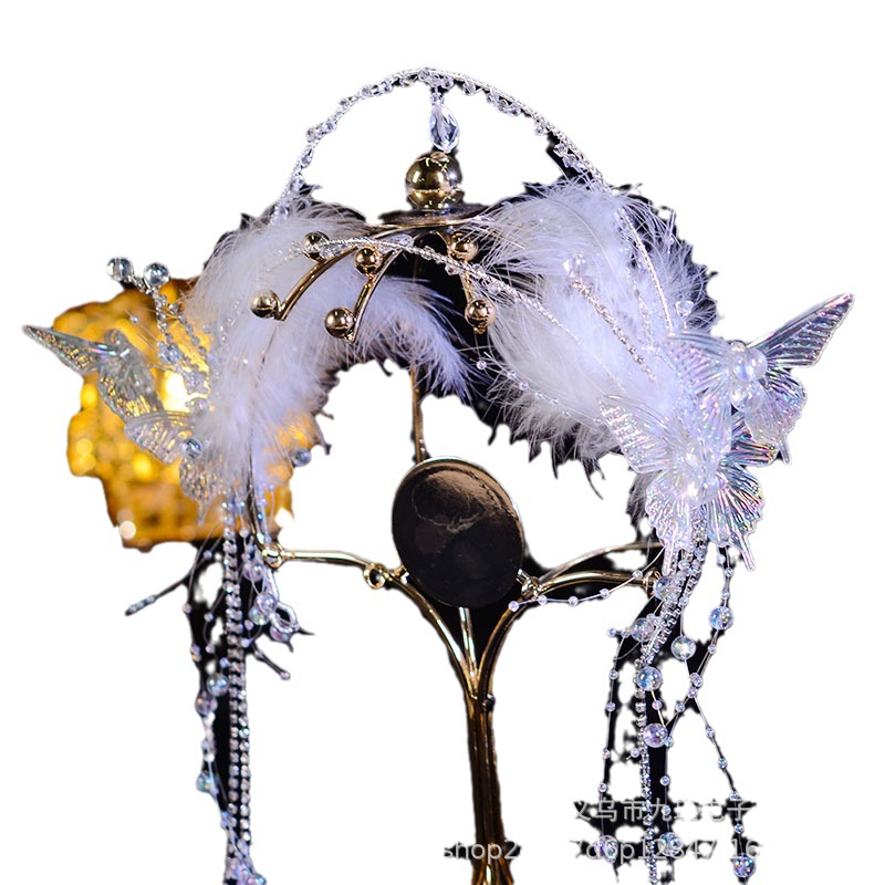 Ancient Style Hairband with Butterfly Feathers and Glass Beads, Forest-Style Bridal Headpiece for Photoshoots and Performances, Tassel Hair Accessory, Popular Forest Style Item