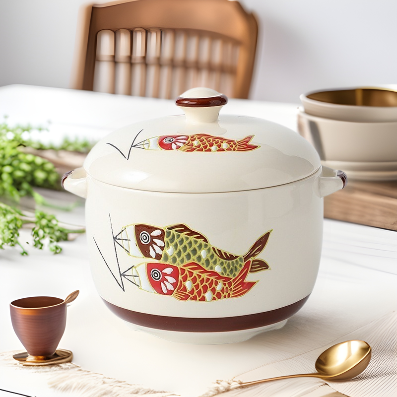 Японская керамическая кастрюля с подглазурным рисунком, ручная роспись, рельеф карпа, водонепроницаемая кастрюля с крышкой, десертная чаша для супа "Прыжок Будды"