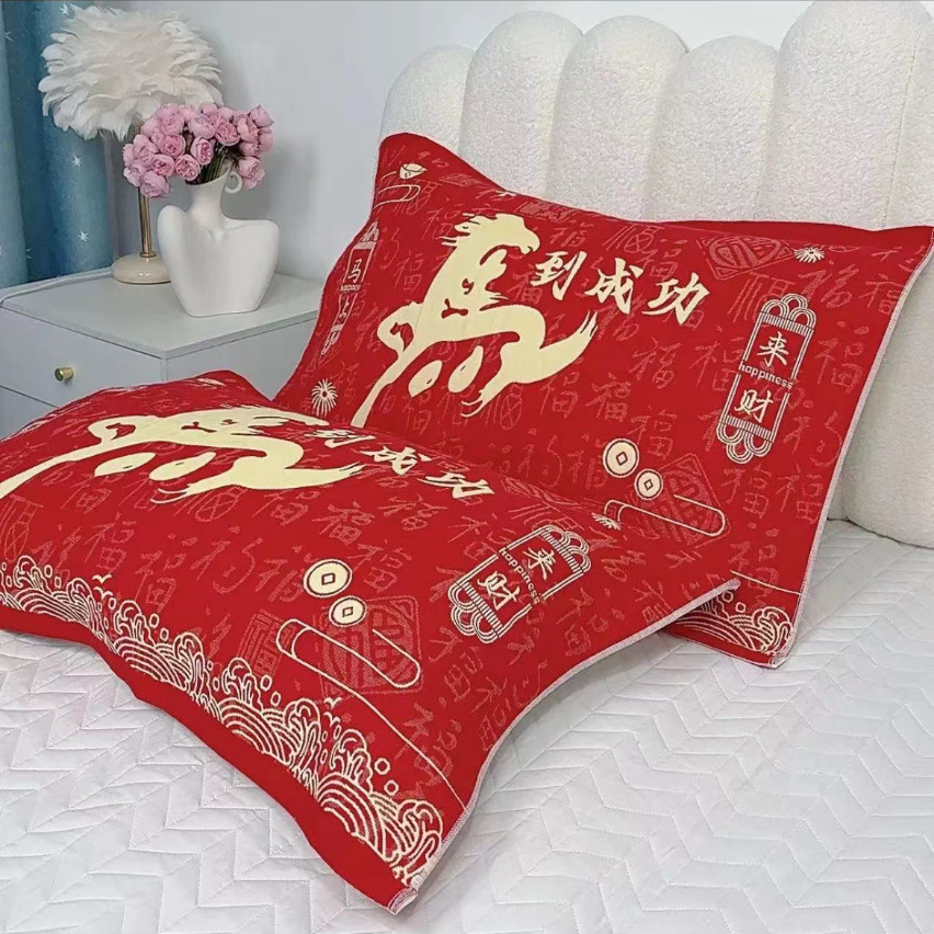 Праздничные красные чистые хлопковые газовые полотенца для подушек на год Лошади, пара мультяшных милых толстых хлопковых полотенец для подушек против пота